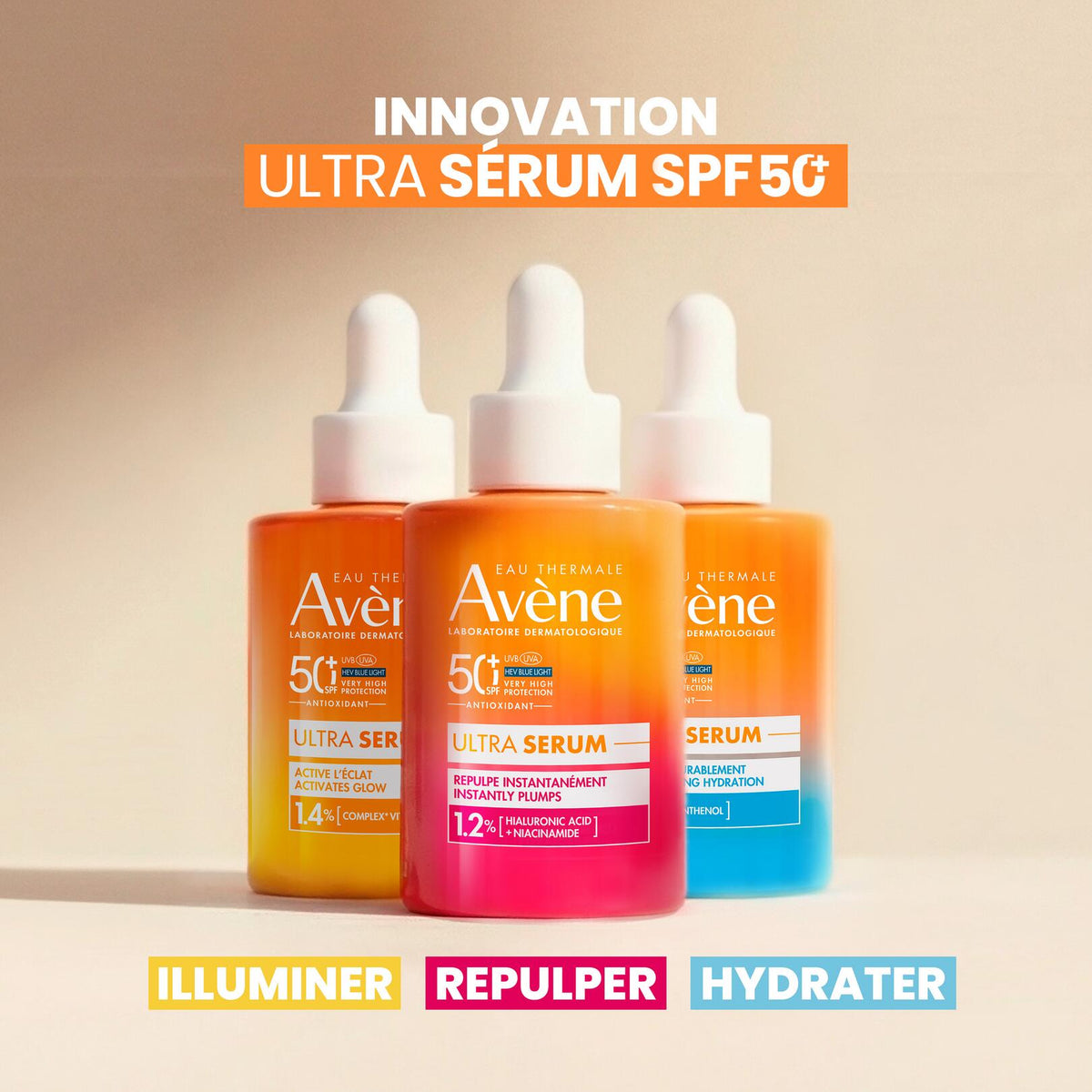 Avène Ultra Serum, range of three dropper bottles with captions in French