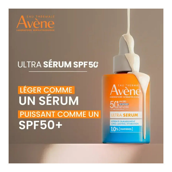 Avène Ultra Serum, dropper bottle with a serum drip and banner in French, white border
