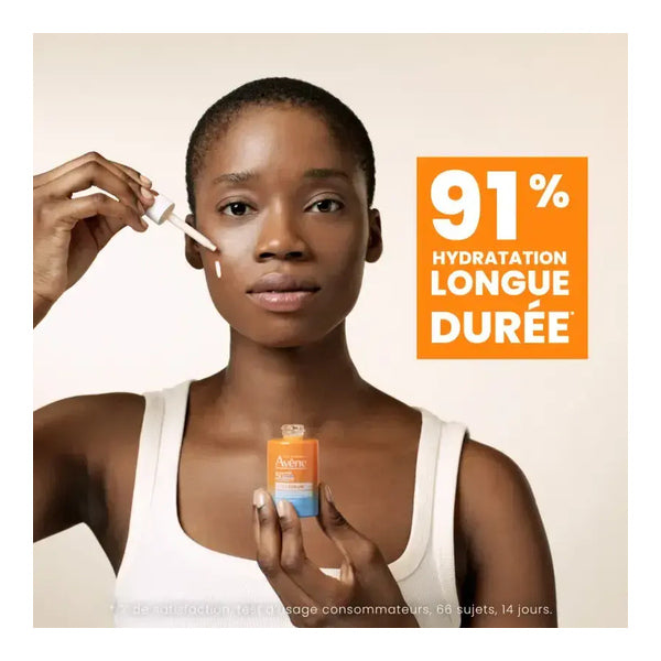 Avène Ultra Serum, woman applying the serum with the dropper, banner in French, white border