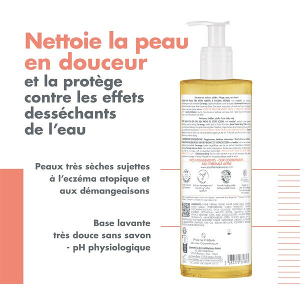 Avène XeraCalm AD, back of the pump bottle with product benefits in French