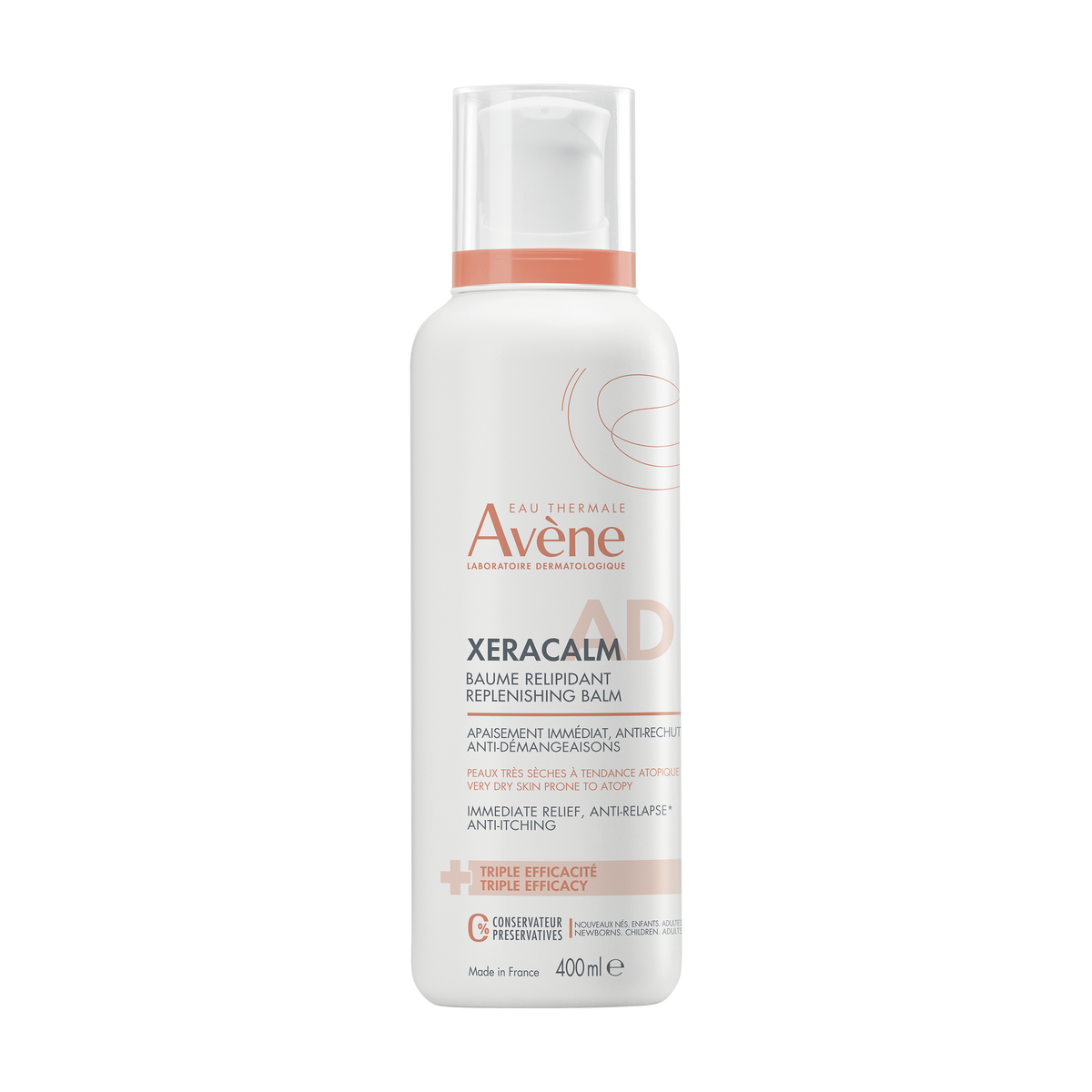 Avène XeraCalm A.D Lipid-Replenishing Balm 400ml, front of the pump bottle