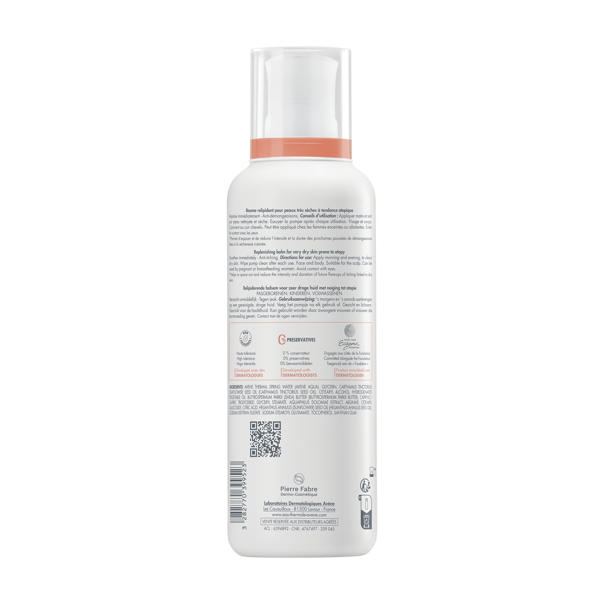 Avène XeraCalm A.D Lipid-Replenishing Balm 400ml, back of the pump bottle