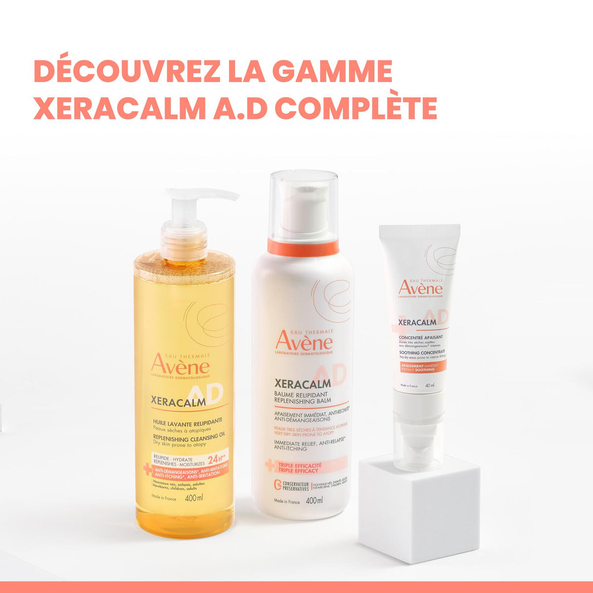 Avène XeraCalm A.D, range of three products side by side