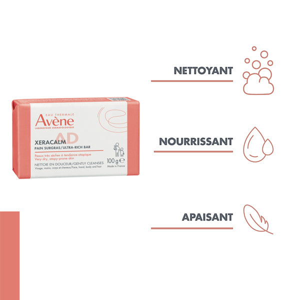 Avène XeraCalm A.D, wrapped bar with three feature icons in French