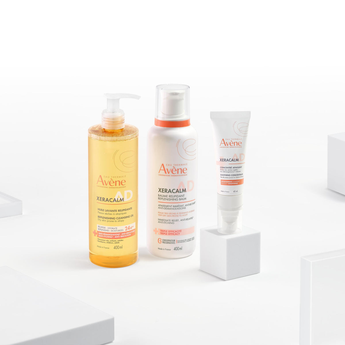Avène XeraCalm A.D, range of three products side by side