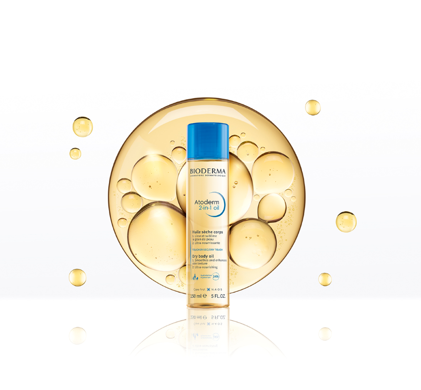 Bioderma Atoderm, bottle in a golden oil bubble