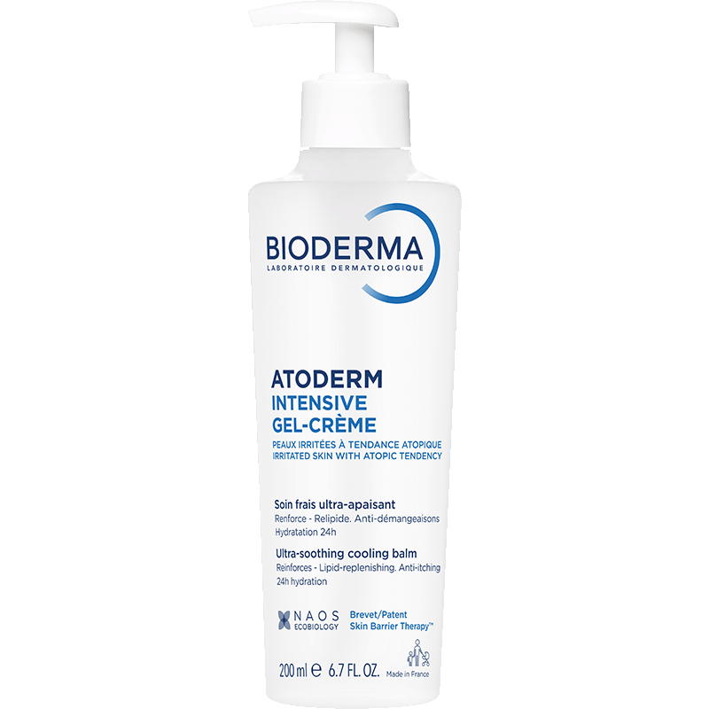 Bioderma Atoderm 200ml, front of the pump bottle with the white pump