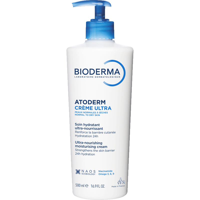 Bioderma Atoderm, front of the pump bottle with the blue pump