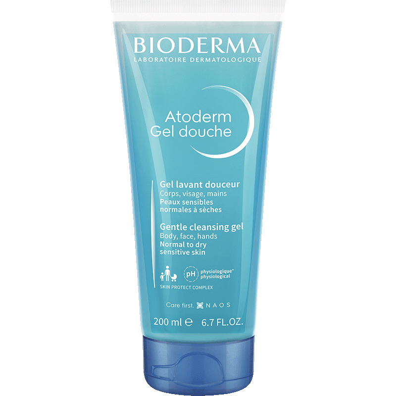 Bioderma Atoderm Shower Gel for Dry Sensitive Skin 200ml, front of the tube with a crescent logo