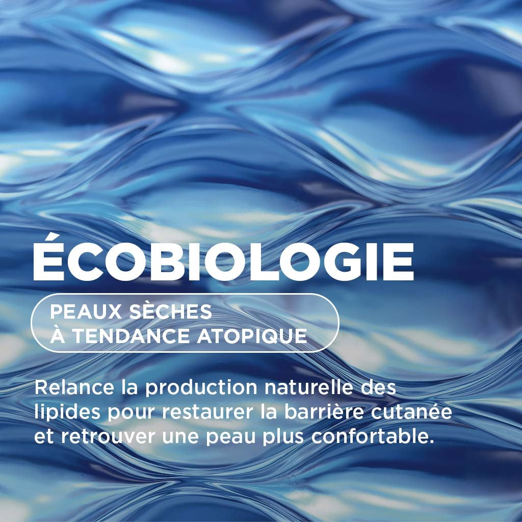 Bioderma Atoderm, ecobiology infographic in French on blue water