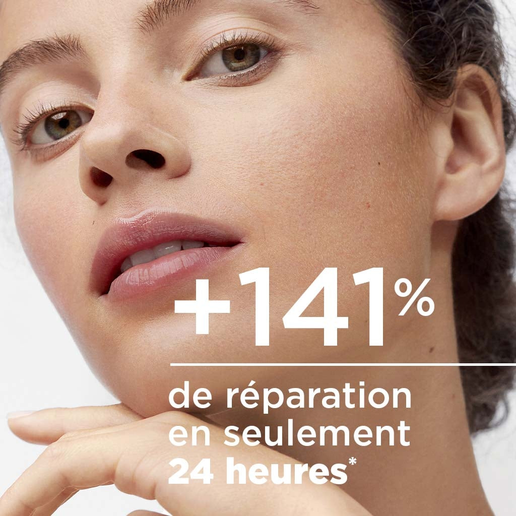 Bioderma Cicabio, woman resting her chin on her hand with a study result in French