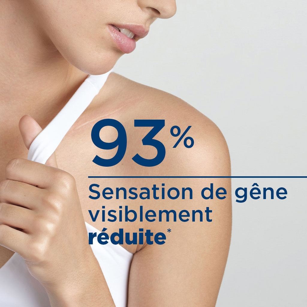 Bioderma Cicabio, woman touching her shoulder with a study result in French