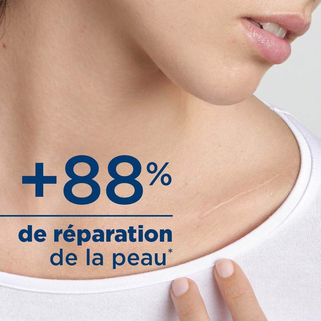 Bioderma Cicabio, close-up of a woman's neck with a study result in French