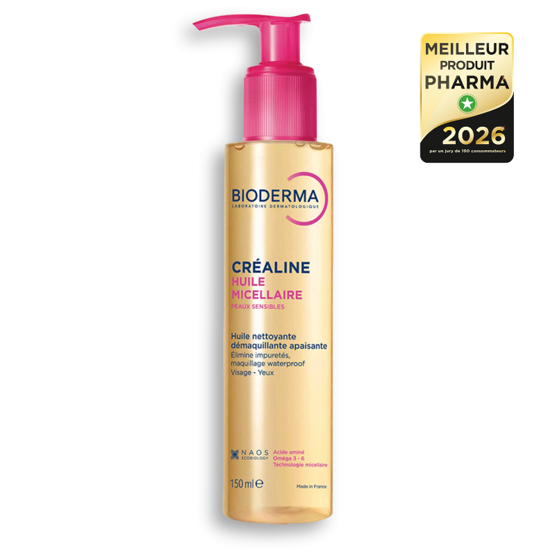 Bioderma Créaline 150ml, pump bottle with a drop shadow and an award badge