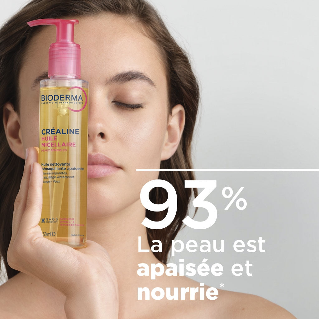 Bioderma Créaline, woman holding the pump bottle with study results in French