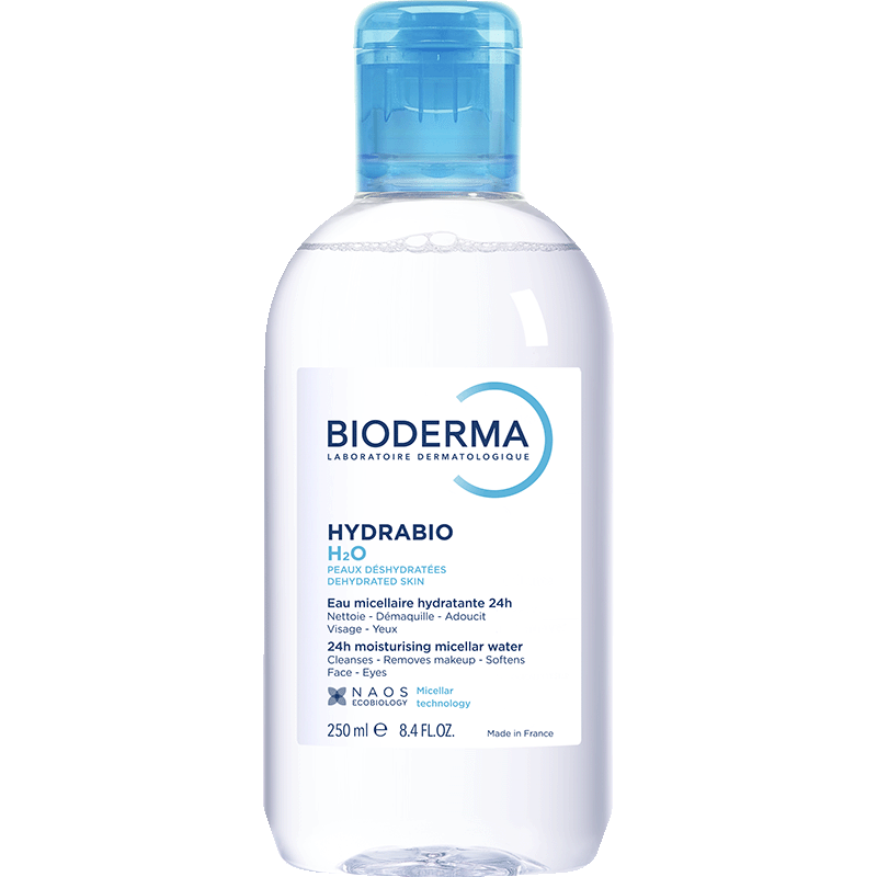 Bioderma Hydrabio H2O 250ml, front of the bottle with the blue cap