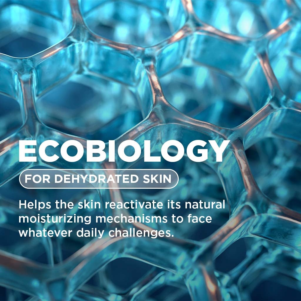 Bioderma Hydrabio, ecobiology infographic in English on a blue honeycomb