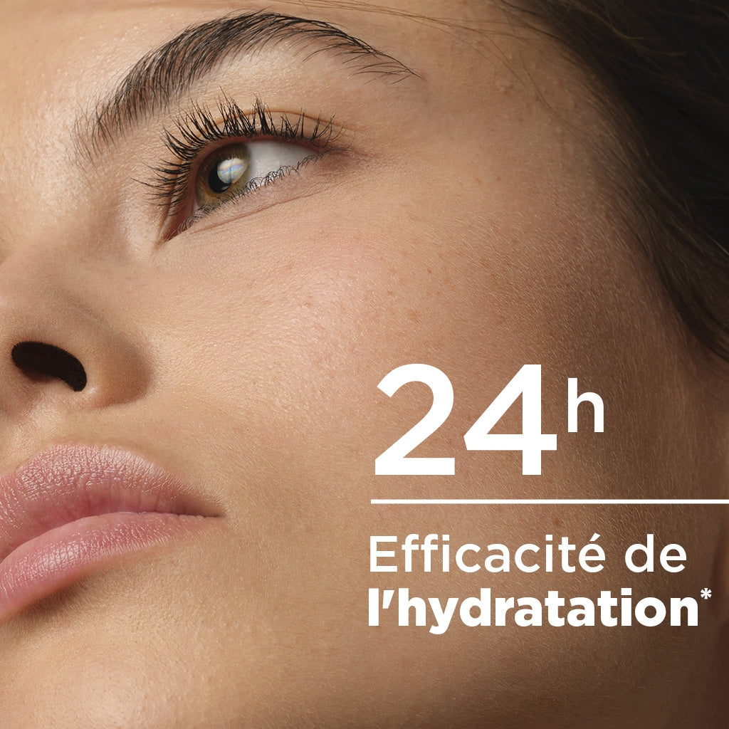 Bioderma Hydrabio, close-up of a woman's face with study results in French