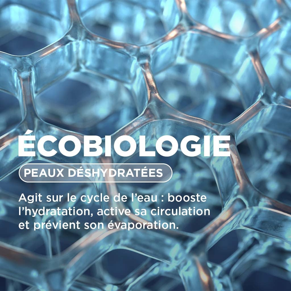 Bioderma Hydrabio, ecobiology infographic in French on a blue honeycomb