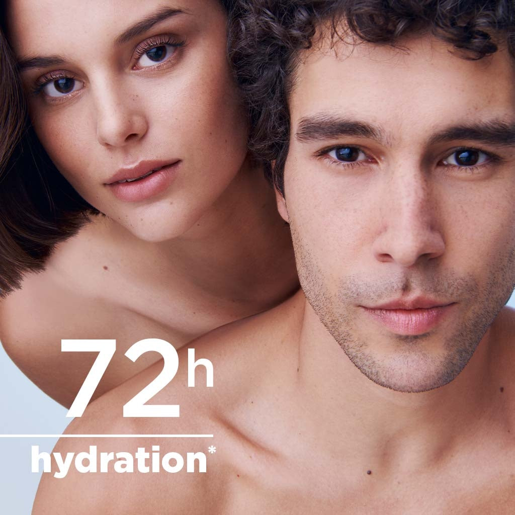 Bioderma Hydrabio, woman and man side by side with a hydration claim
