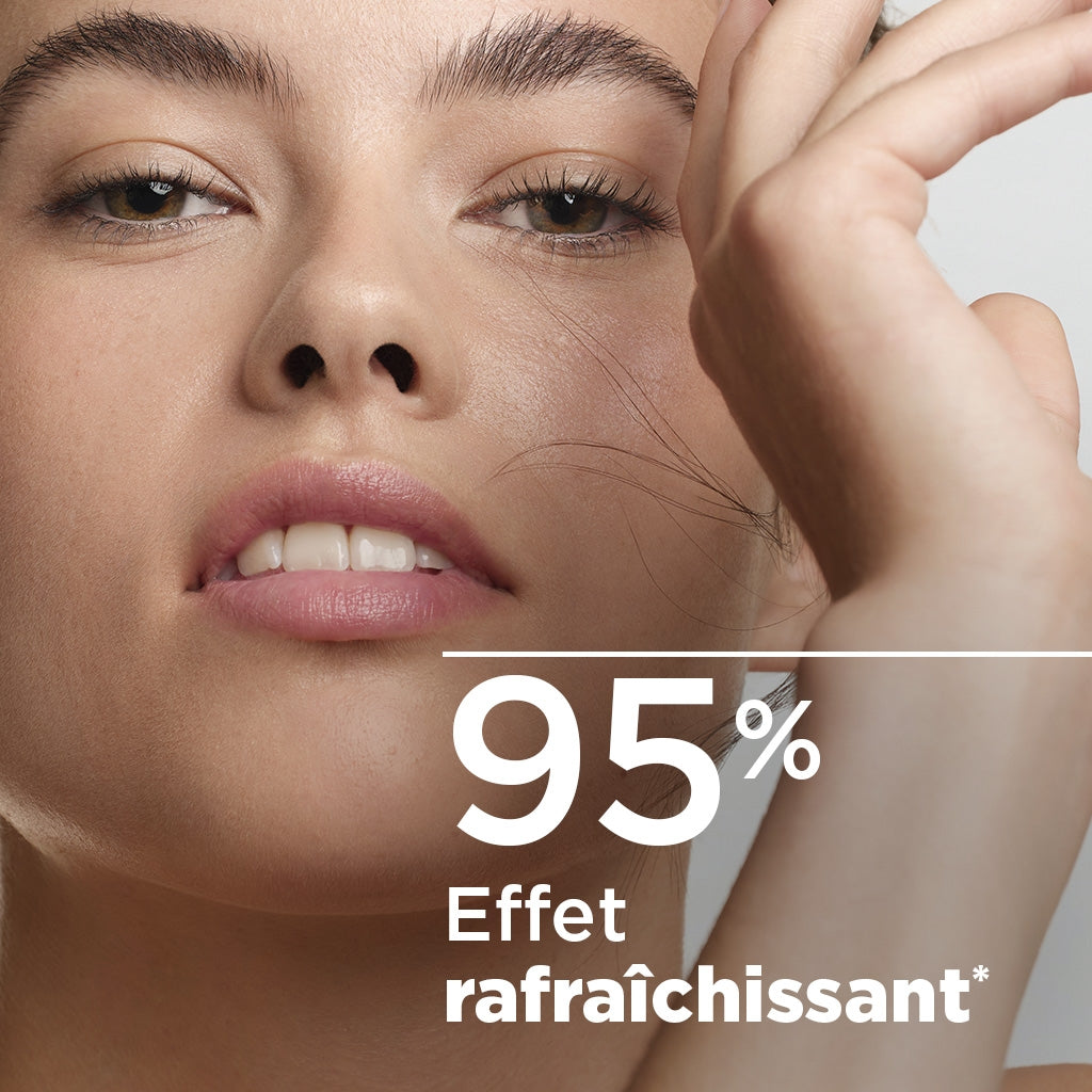Bioderma Hydrabio, close-up of a woman's face with study results in French
