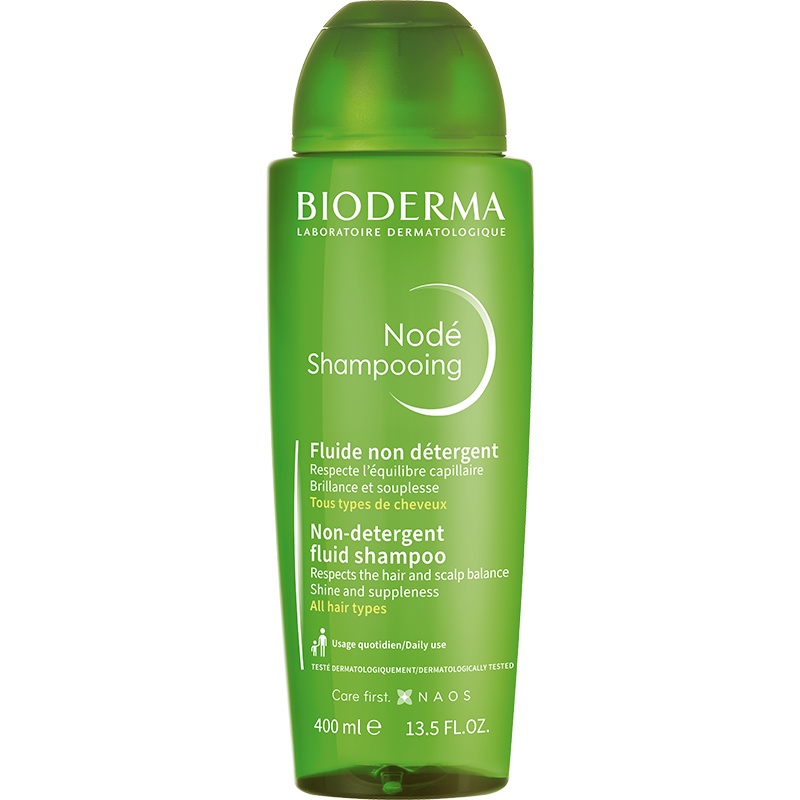 Bioderma Nodé 400ml, front of the bottle in a lighter green