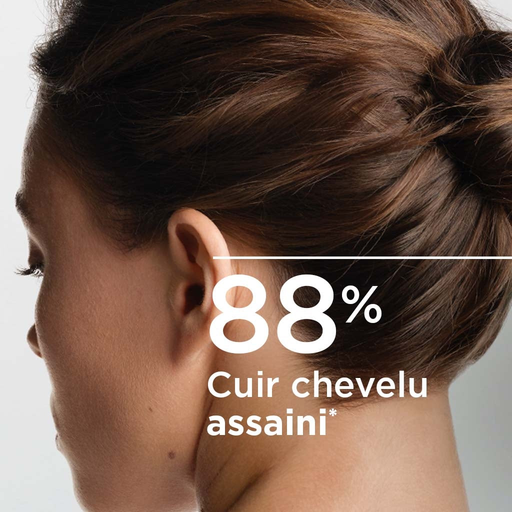 Bioderma Nodé K, back of a woman's head with study results in French
