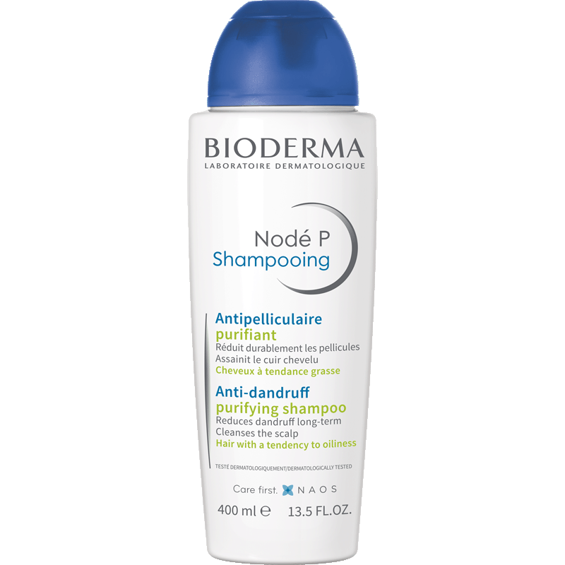 Bioderma Nodé P 400ml, front of the bottle with the blue cap