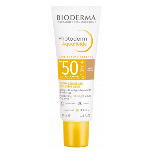 Bioderma Photoderm Aquafluide SPF50+ Gold 40ml tinted sunscreen tube, view 1