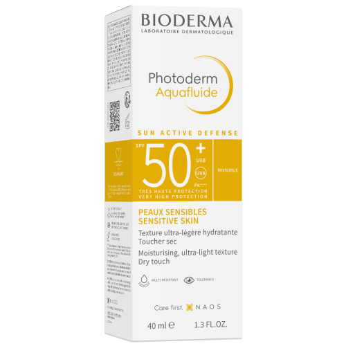 Bioderma Photoderm Aquafluide SPF50+ sunscreen fluid 40ml bottle, packaging detail