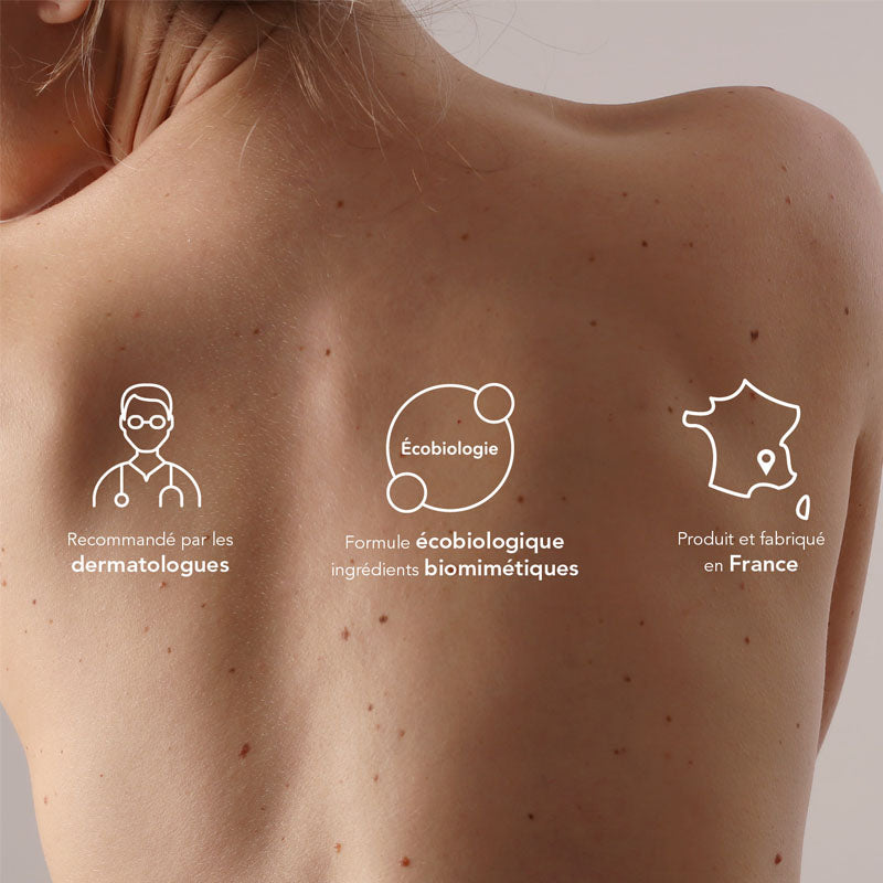 Bioderma Photoderm, woman's bare back with three icons in French