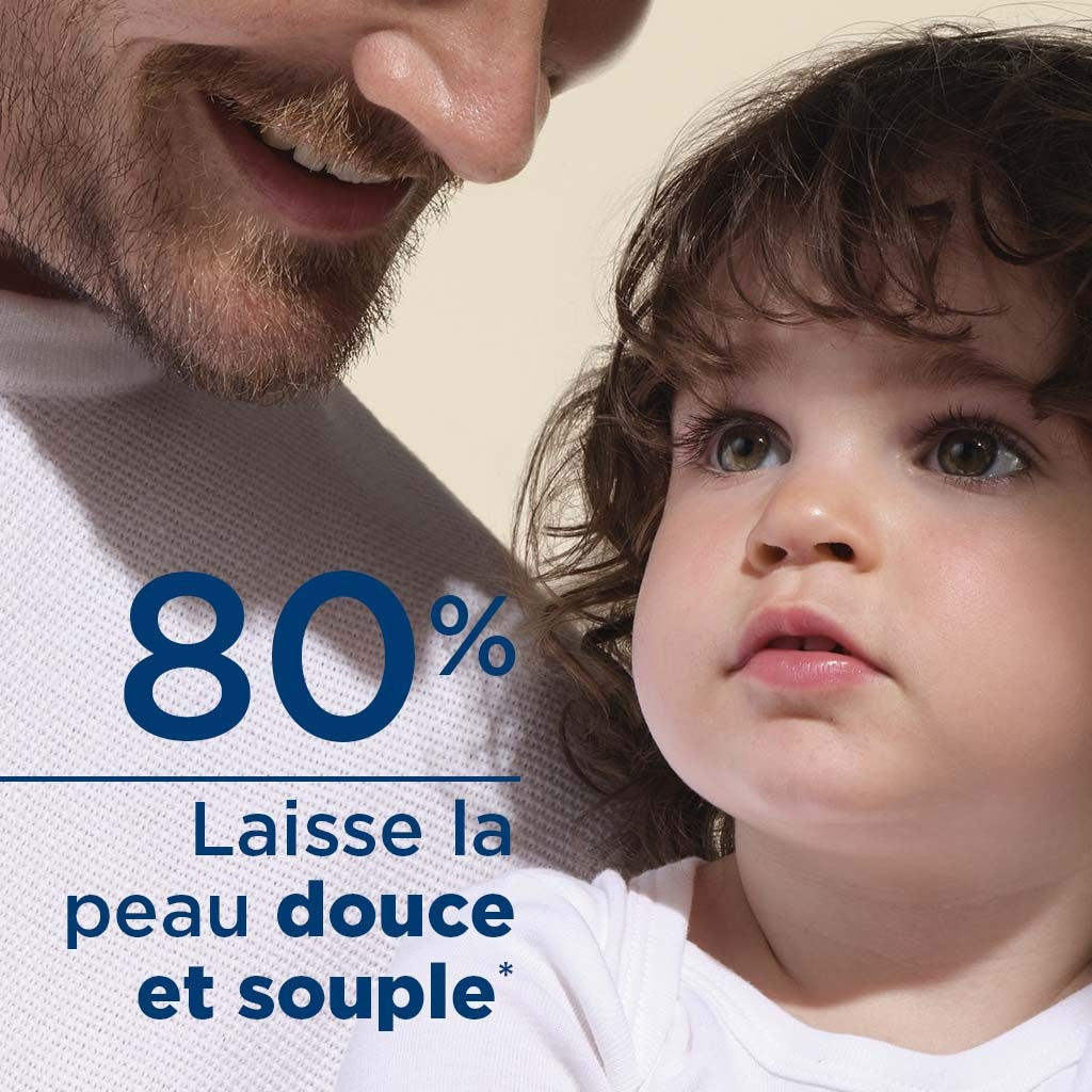 Bioderma Photoderm, smiling bearded man beside a toddler with study results in French