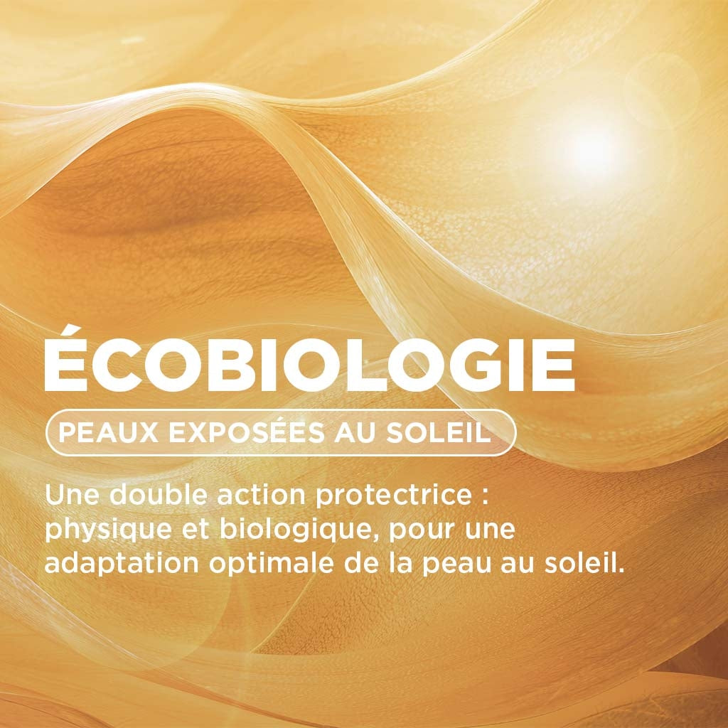 Bioderma Photoderm, ecobiology infographic in French on a golden background