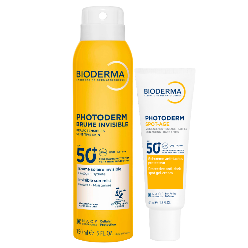 Bioderma Photoderm Spot-Age, tube beside the Photoderm Invisible Mist spray can