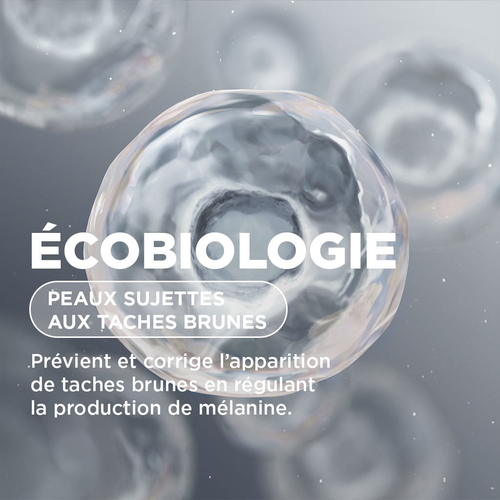 Bioderma PigmentBio Night Renewer, ecobiology infographic in French on grey bubbles