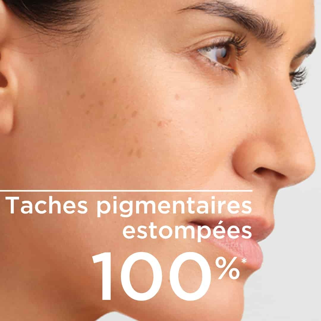 Bioderma Pigmentbio H2O, close-up of a woman's face with study results in French