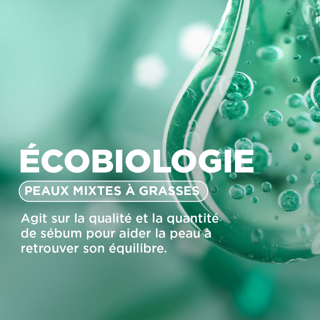Bioderma Sébium, ecobiology infographic in French on green bubbles