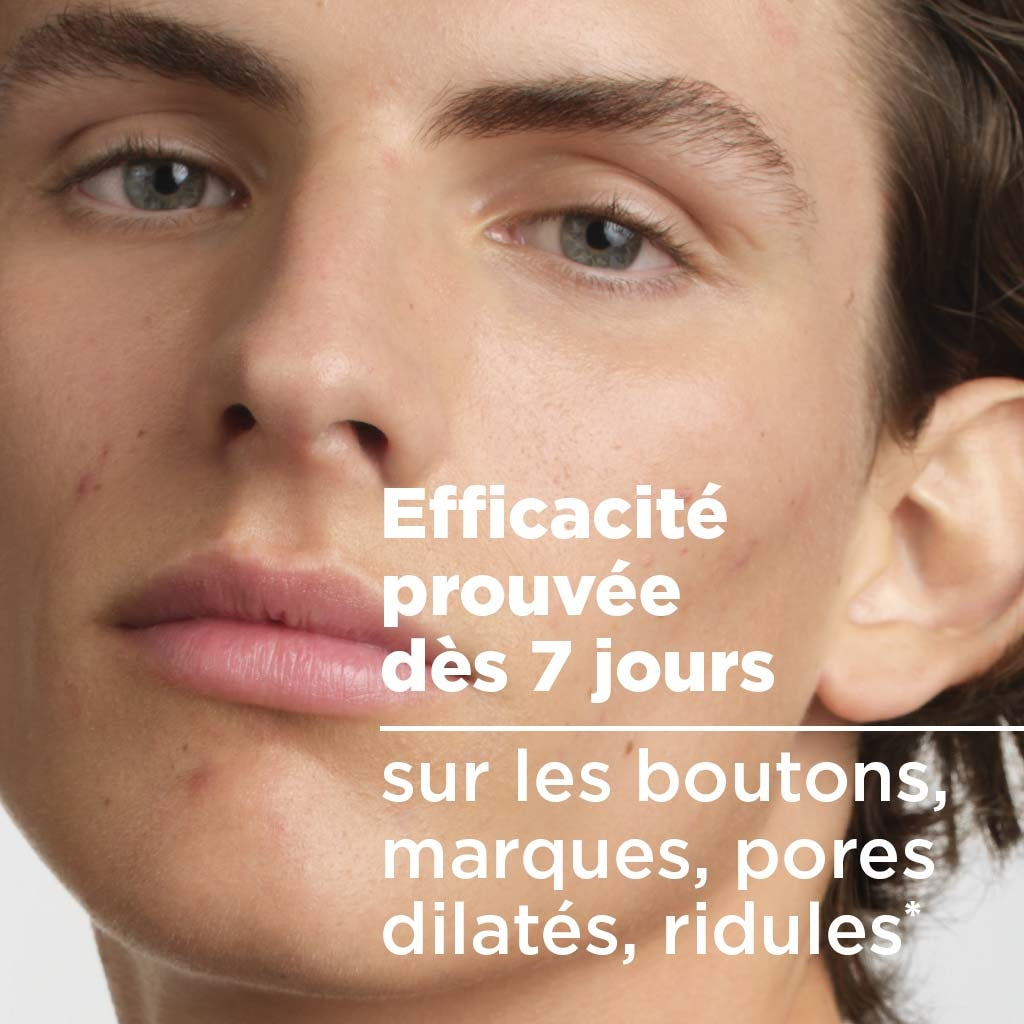 Bioderma Sébium, close-up of a man's face with study results in French