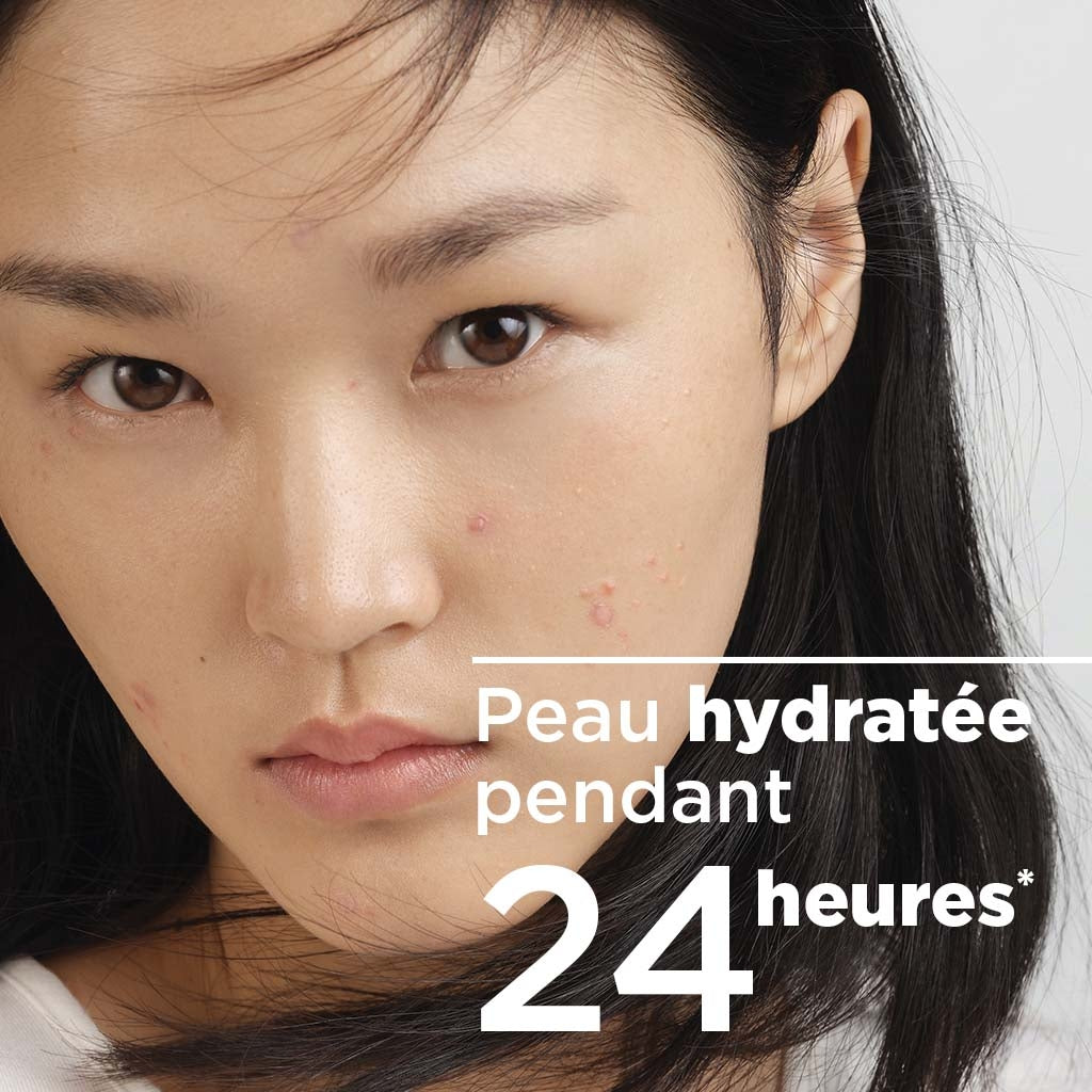 Bioderma Sébium Hydra, close-up of a woman's face with study results in French