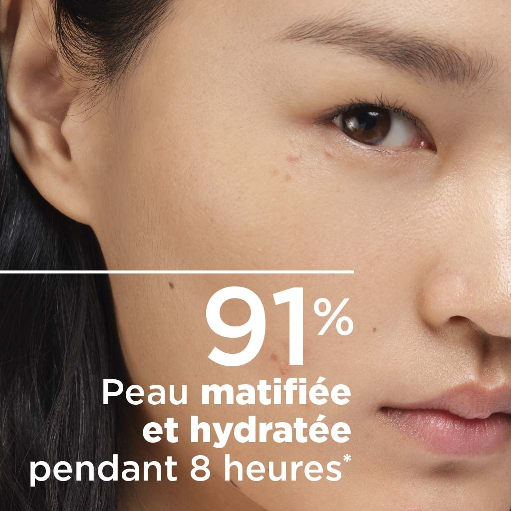 Bioderma Sébium, close-up of a woman's face with study results in French