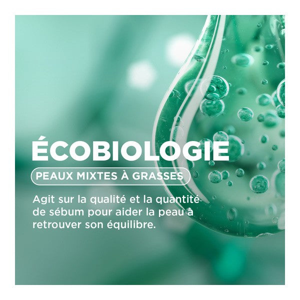 Bioderma Sébium H2O, ecobiology infographic in French on green bubbles