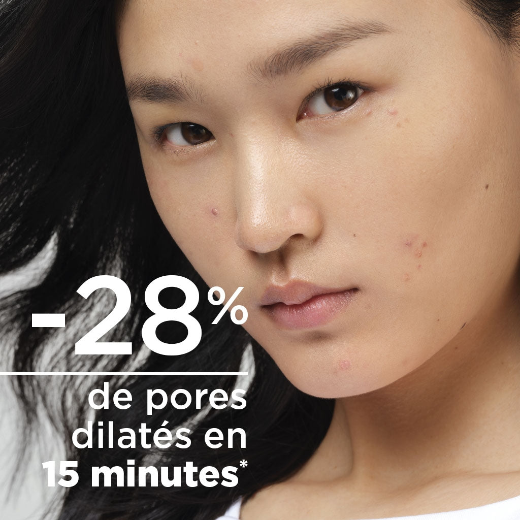 Bioderma Sébium, woman's face on a dark background with study results in French