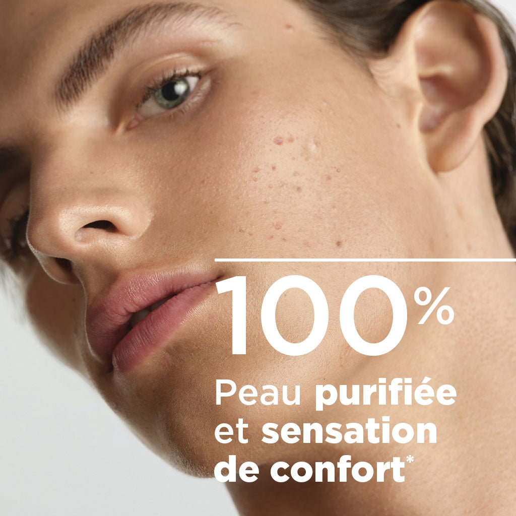 Bioderma Sébium, close-up of a man's face with study results in French