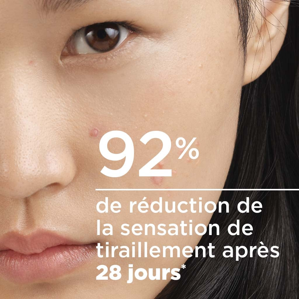 Bioderma Sébium, close-up of a woman's face with study results in French