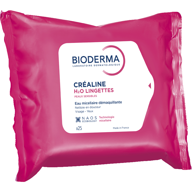 Bioderma Sensibio H2O, front of the Créaline H2O pouch of 25 wipes