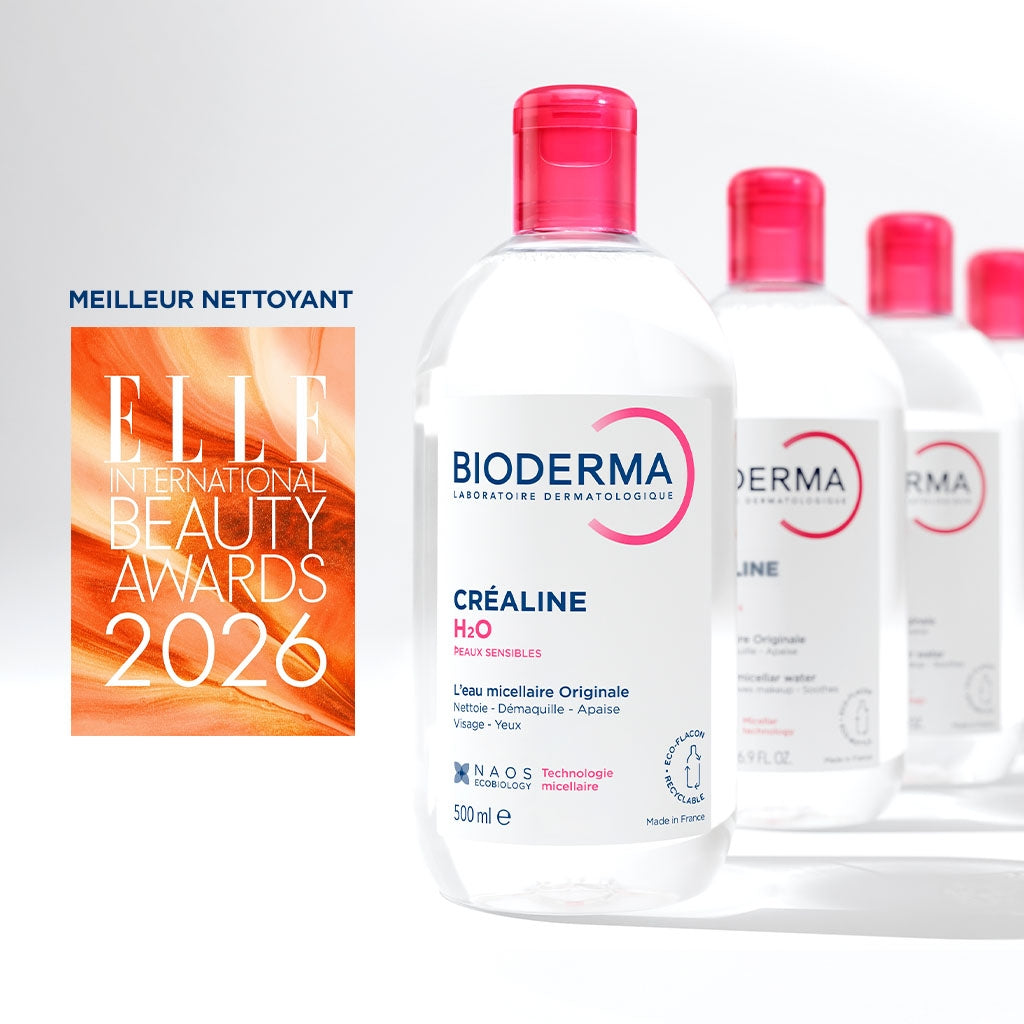 Bioderma Sensibio H2O, row of bottles with an ELLE beauty award badge