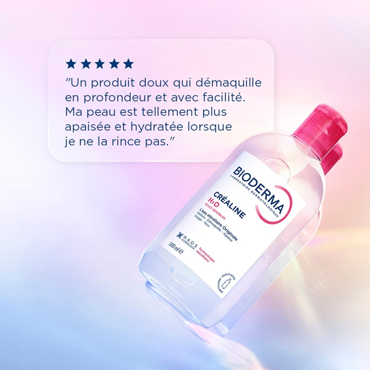 Bioderma Créaline H2O, tilted bottle with a five-star review in French