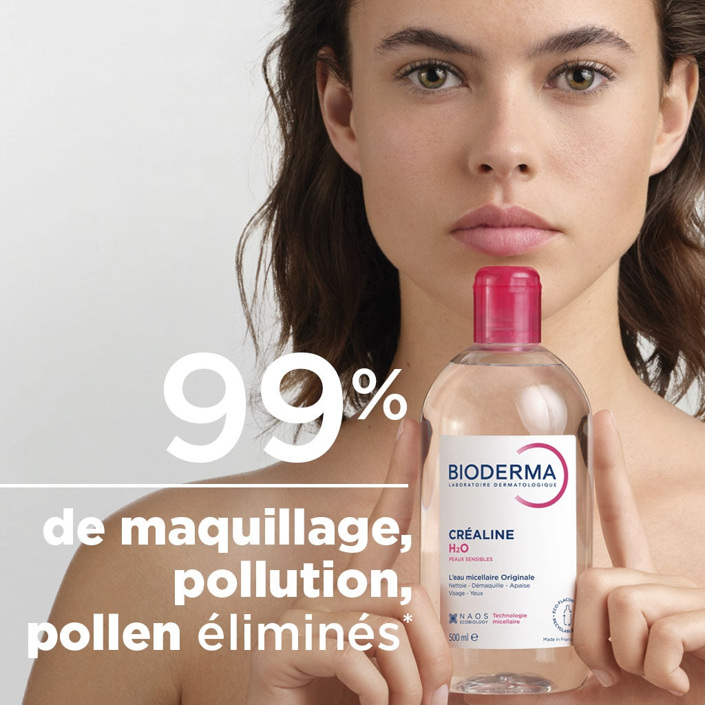 Bioderma Créaline H2O, woman holding the bottle with study results in French