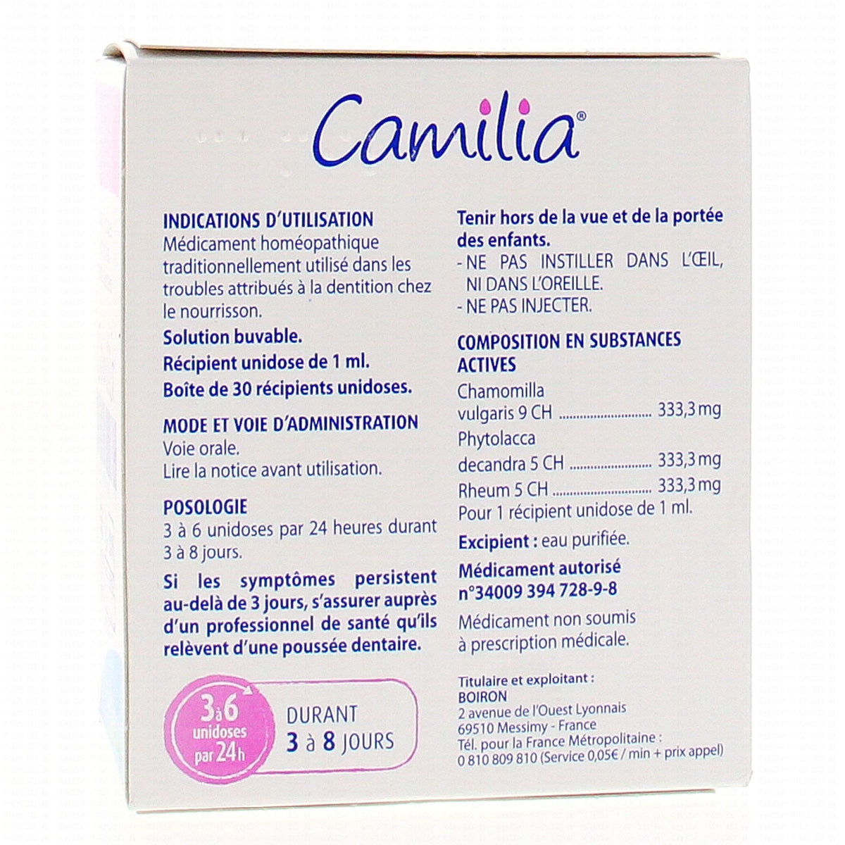 Boiron Camilia, back of the box with directions