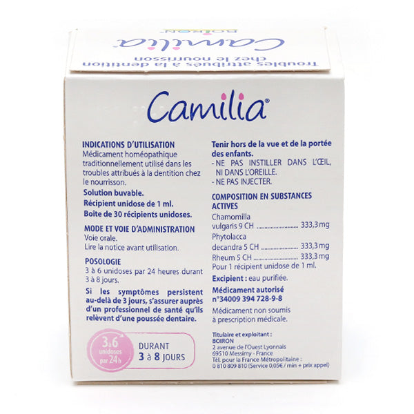 Boiron Camilia, back of the box with directions, seen from above